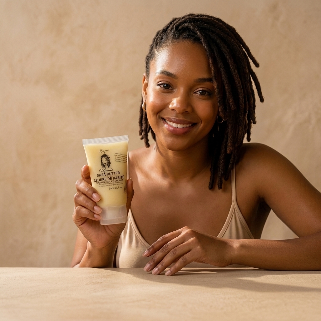 Hands holding a jar of Nilotica shea butter in natural light