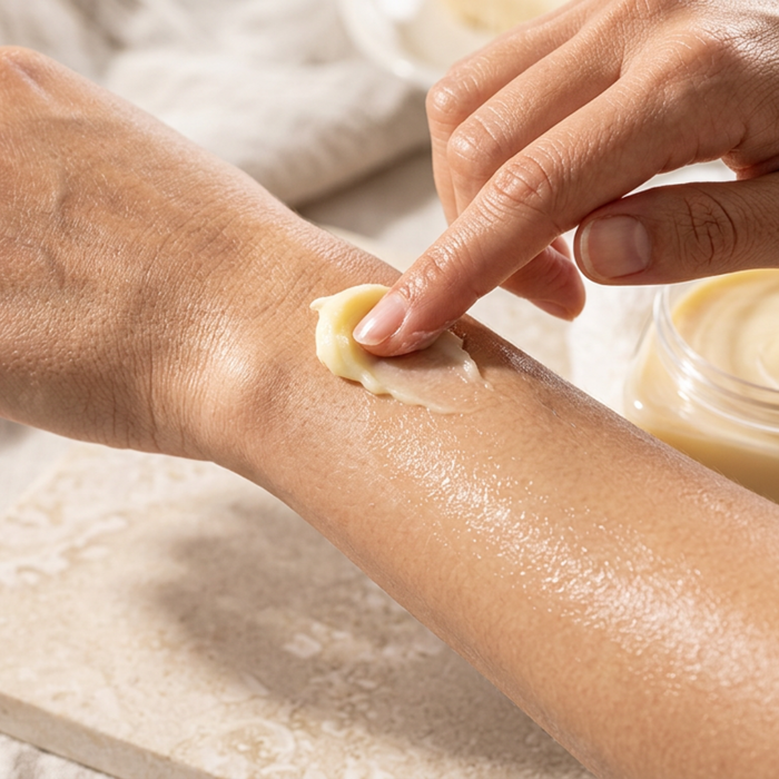 Small pearl of butter melting on an open palm